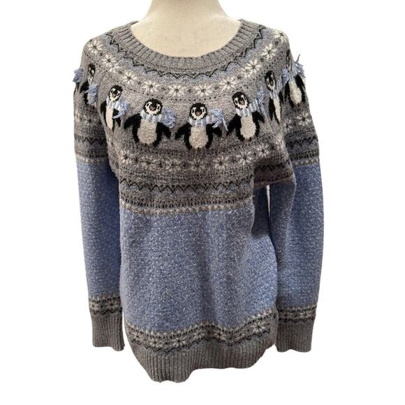 Holiday Time Penguin Blue and Gray Christmas Sweater - Size L (12-14) - Picture 1 of 8